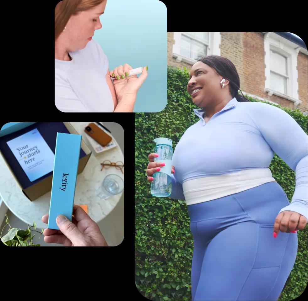 Woman jogging with a water bottle, an injectable pen, and a package