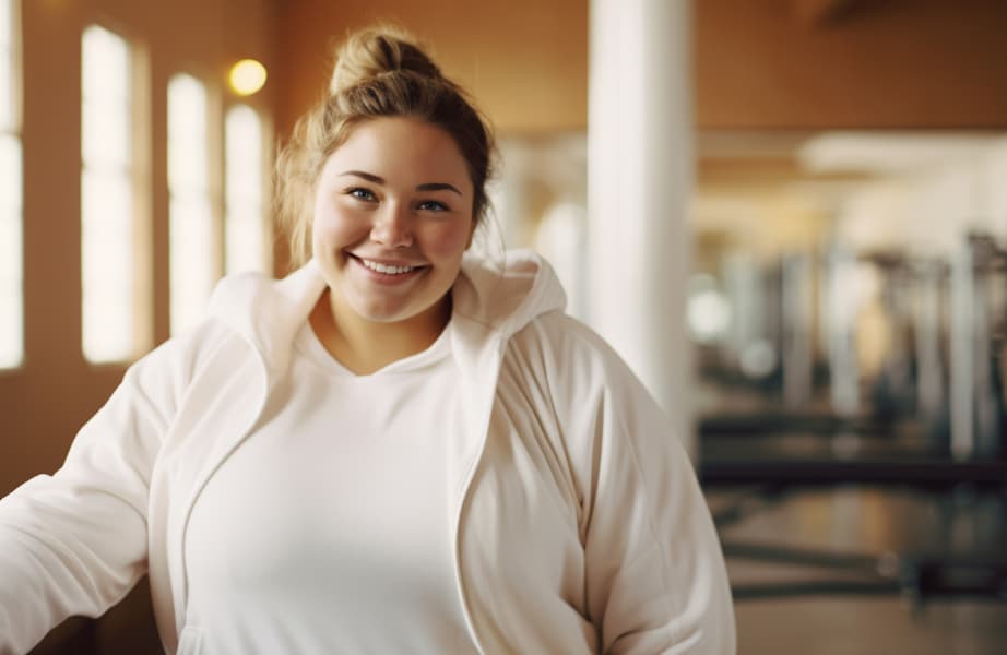 Smiling woman, symbolizing weight loss success.