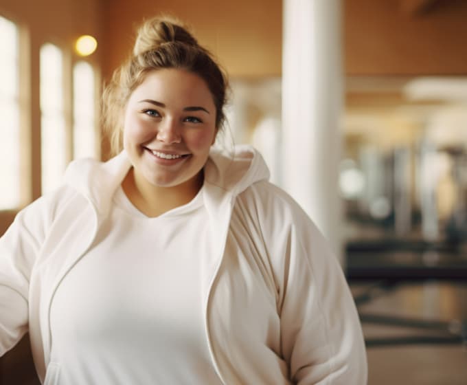 Smiling woman, symbolizing weight loss success.